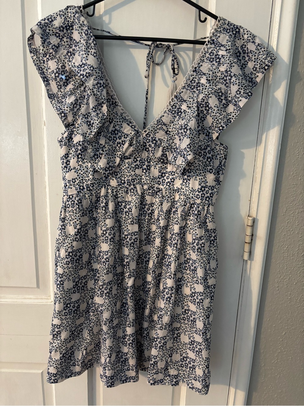 Anthropologie White and Navy Floral Ruffle V-Neck Dress
